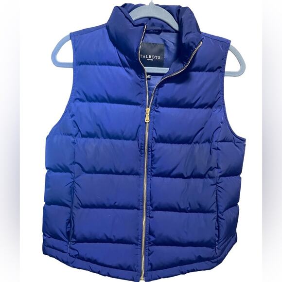 Talbots Petites Puffer Vest Women’s Size SP Navy Gold Tone Zipper Pockets Puffy - Picture 1 of 10
